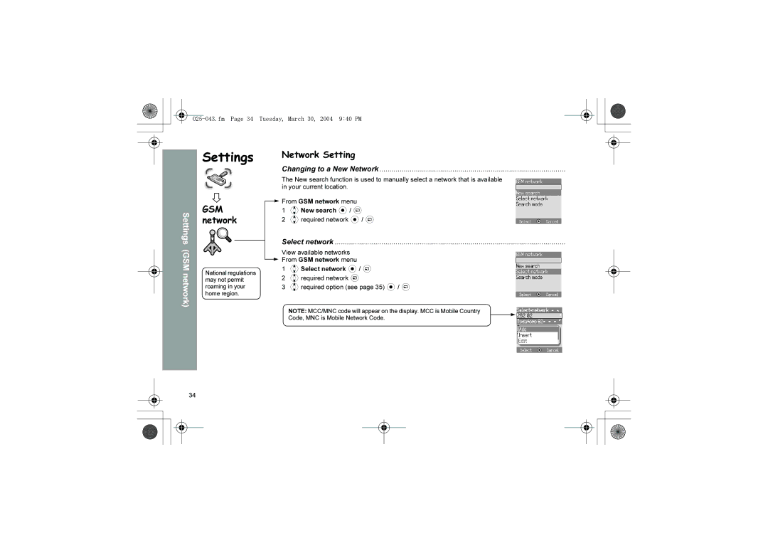 Panasonic X60 manual GSM network, Network Setting, Changing to a New Network, Select network 