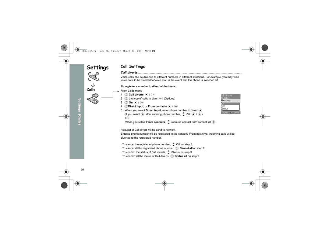 Panasonic X60 manual Calls Call Settings, Call diverts, Fm Page 36 Tuesday, March 30, 2004 940 PM 