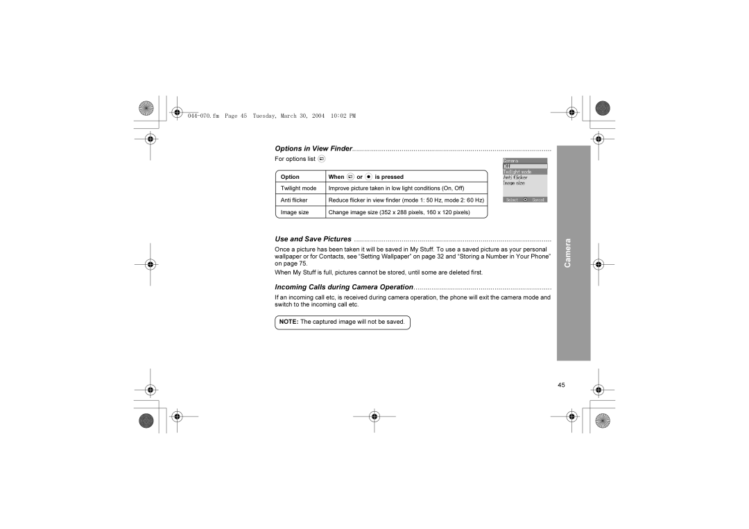 Panasonic X60 manual Options in View Finder, Use and Save Pictures, Incoming Calls during Camera Operation 