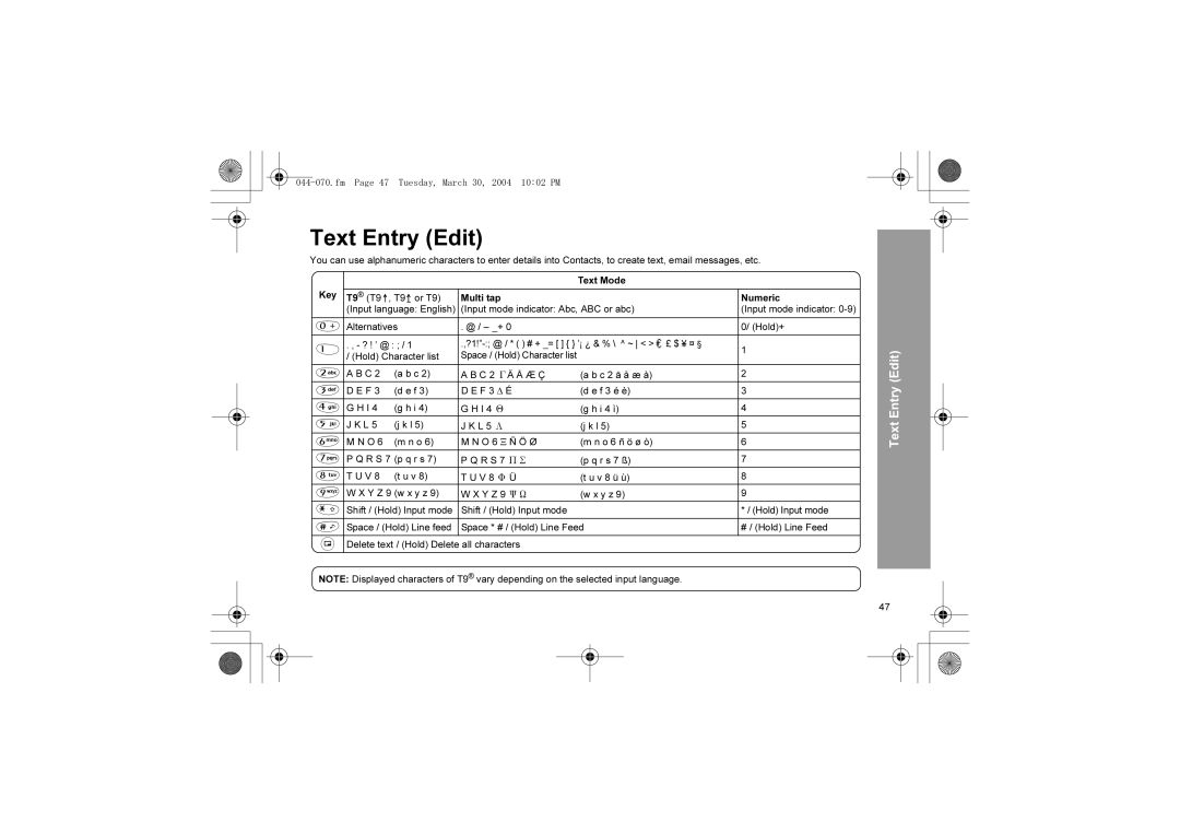 Panasonic X60 manual Text Entry Edit, Fm Page 47 Tuesday, March 30, 2004 1002 PM 