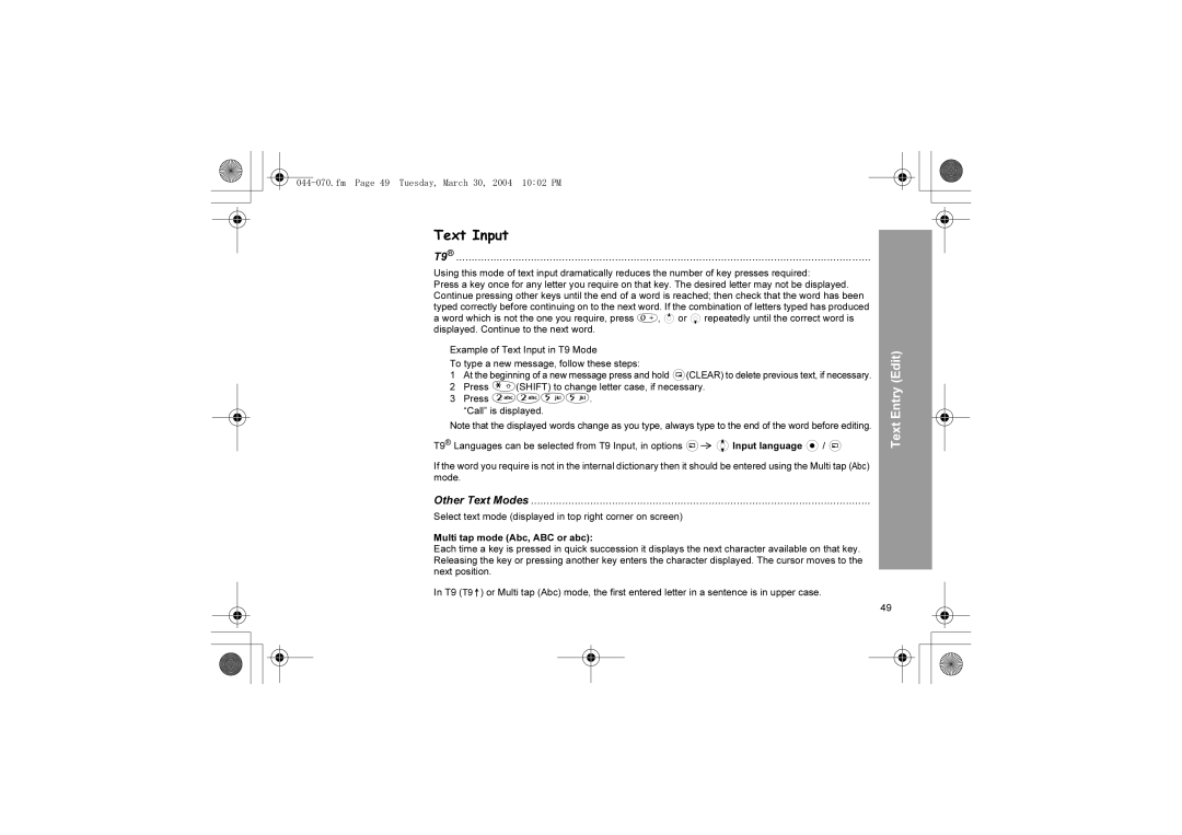 Panasonic X60 manual Text Input, Other Text Modes, Fm Page 49 Tuesday, March 30, 2004 1002 PM 