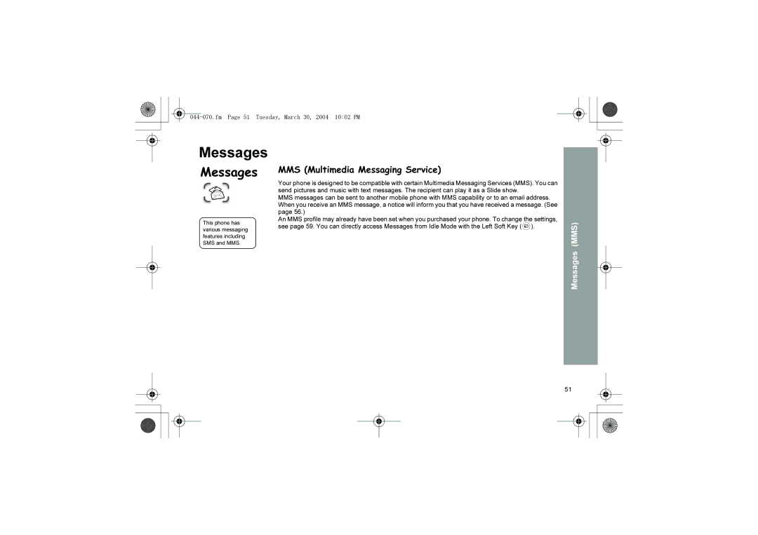 Panasonic X60 manual Messages, MMS Multimedia Messaging Service, Fm Page 51 Tuesday, March 30, 2004 1002 PM 