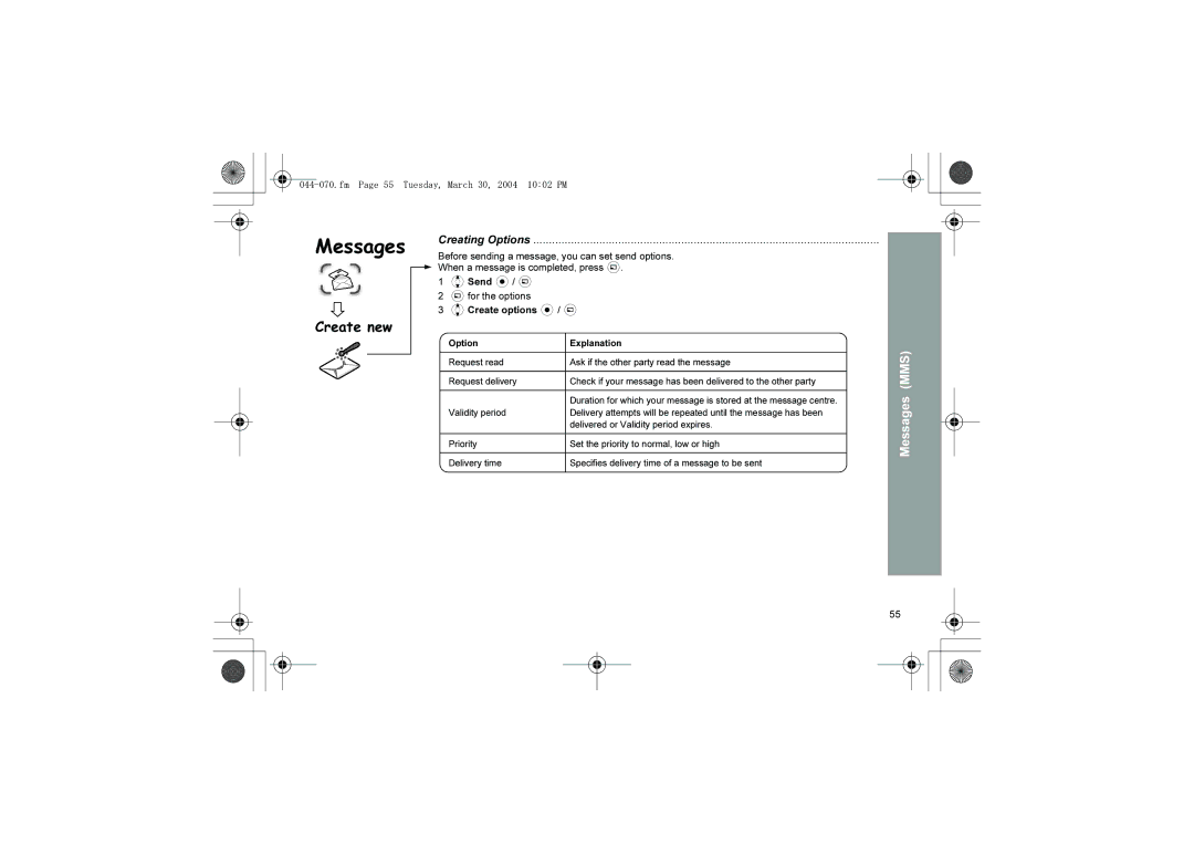 Panasonic X60 manual Creating Options, Fm Page 55 Tuesday, March 30, 2004 1002 PM, Validity period 