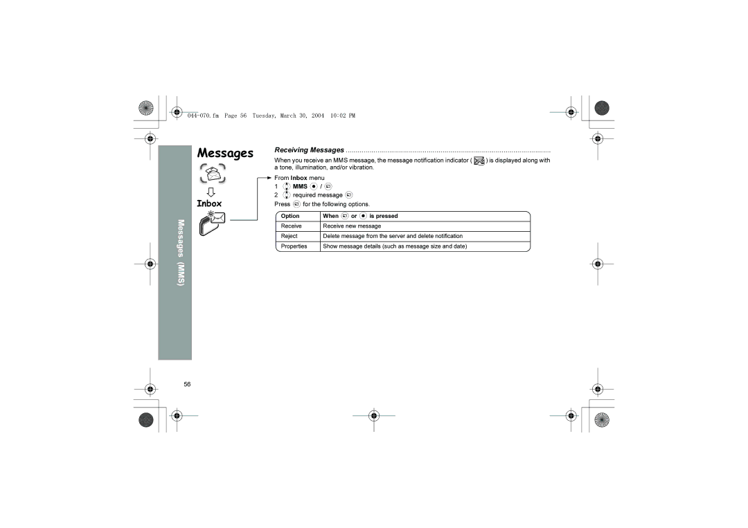 Panasonic X60 manual Inbox, Receiving Messages, Fm Page 56 Tuesday, March 30, 2004 1002 PM 