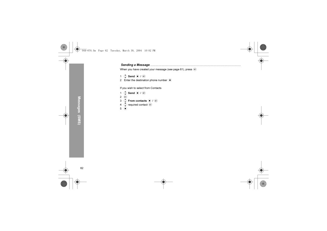 Panasonic X60 manual Sending a Message, Fm Page 62 Tuesday, March 30, 2004 1002 PM 