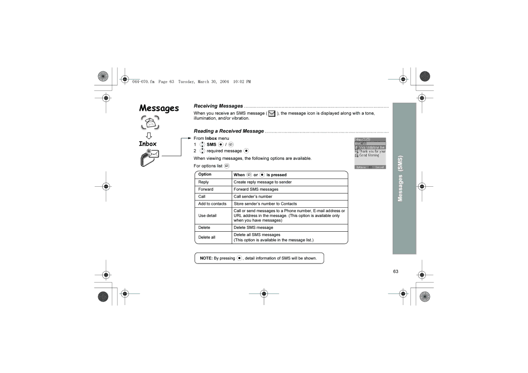 Panasonic X60 Fm Page 63 Tuesday, March 30, 2004 1002 PM, When you receive an SMS message, Illumination, and/or vibration 
