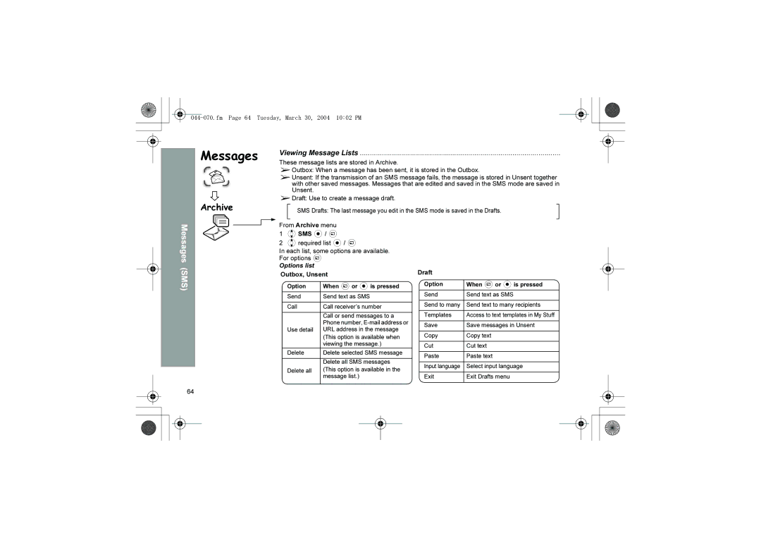 Panasonic X60 manual Viewing Message Lists, Fm Page 64 Tuesday, March 30, 2004 1002 PM, Send text to many recipients 