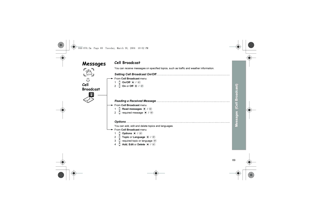 Panasonic X60 manual Setting Cell Broadcast On/Off, Options, Fm Page 69 Tuesday, March 30, 2004 1002 PM 
