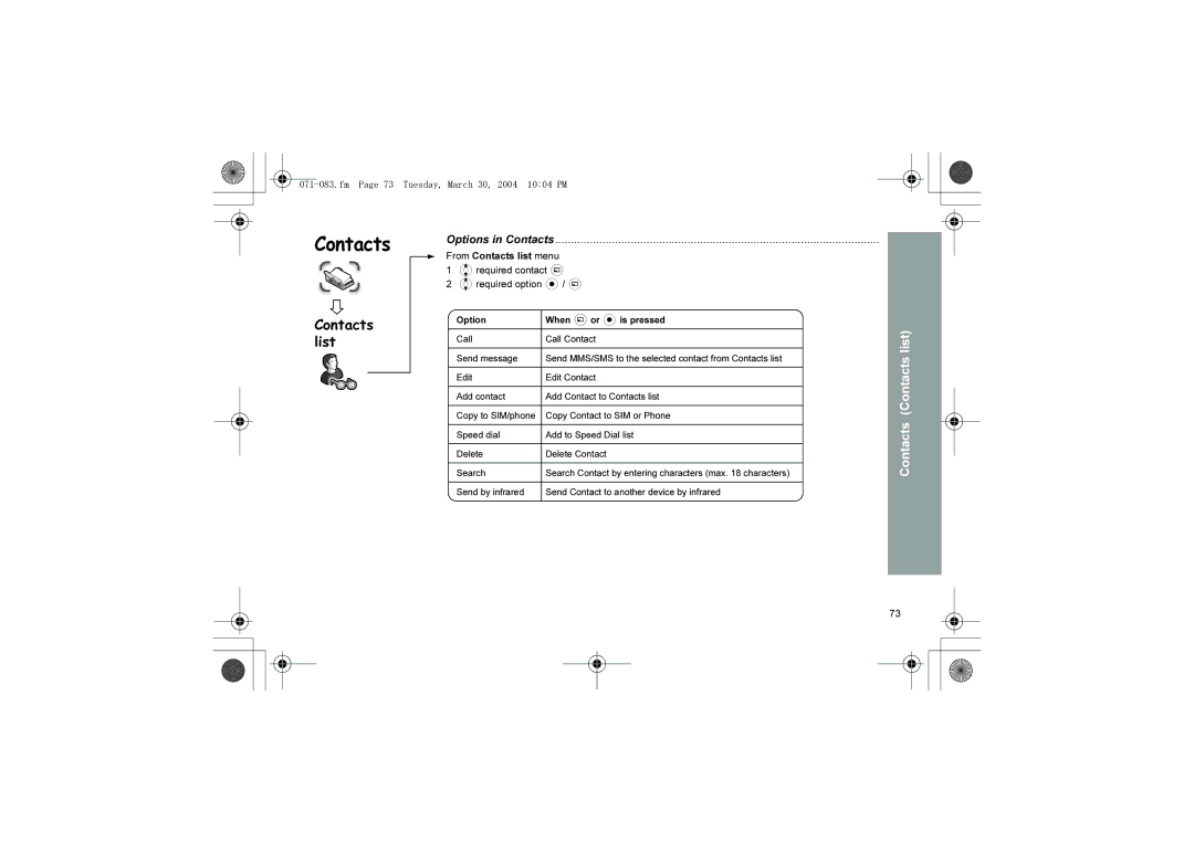 Panasonic X60 manual Contacts list, Options in Contacts 