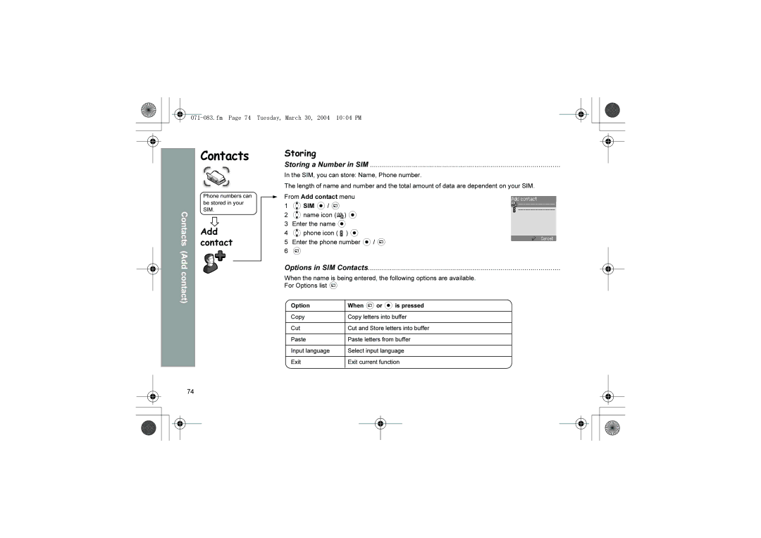 Panasonic X60 manual Add, Storing a Number in SIM, Options in SIM Contacts 