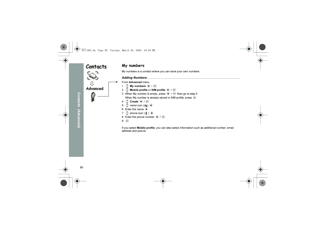 Panasonic X60 manual Advanced, My numbers, Adding Numbers, Fm Page 80 Tuesday, March 30, 2004 1004 PM 