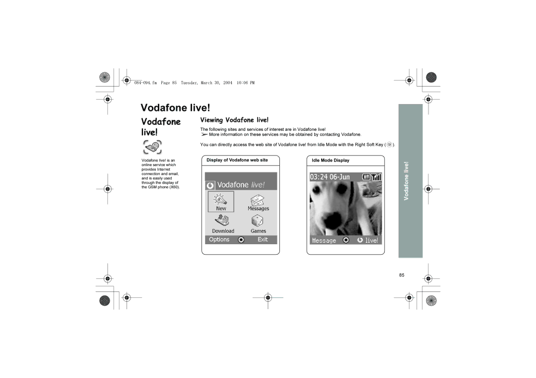 Panasonic X60 manual Viewing Vodafone live, Fm Page 85 Tuesday, March 30, 2004 1006 PM 