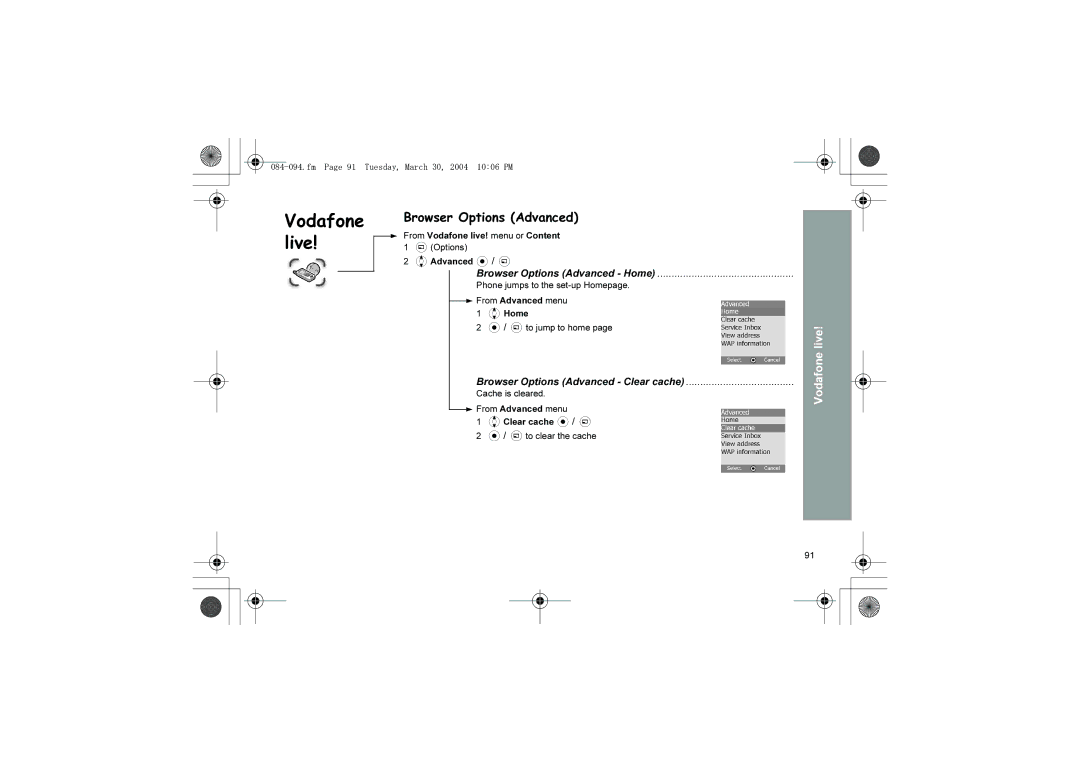 Panasonic X60 manual Vodafone, Live, Browser Options Advanced Home, Browser Options Advanced Clear cache 