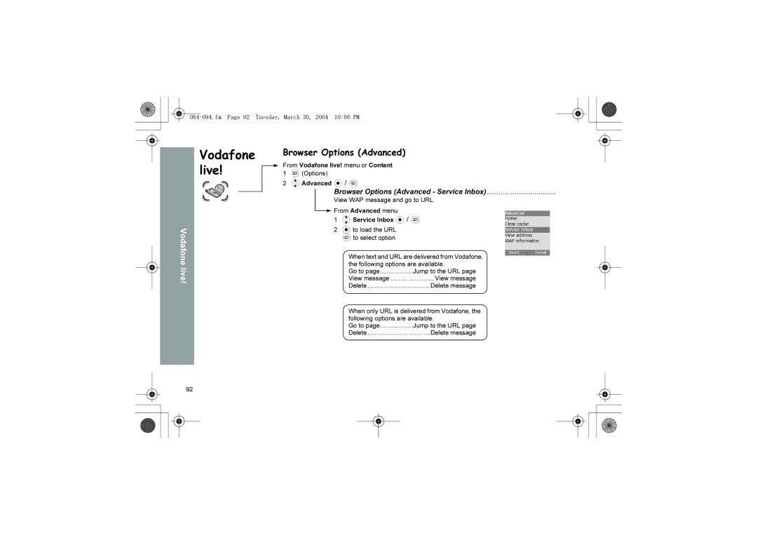 Panasonic X60 manual Browser Options Advanced Service Inbox, Fm Page 92 Tuesday, March 30, 2004 1006 PM, View message 