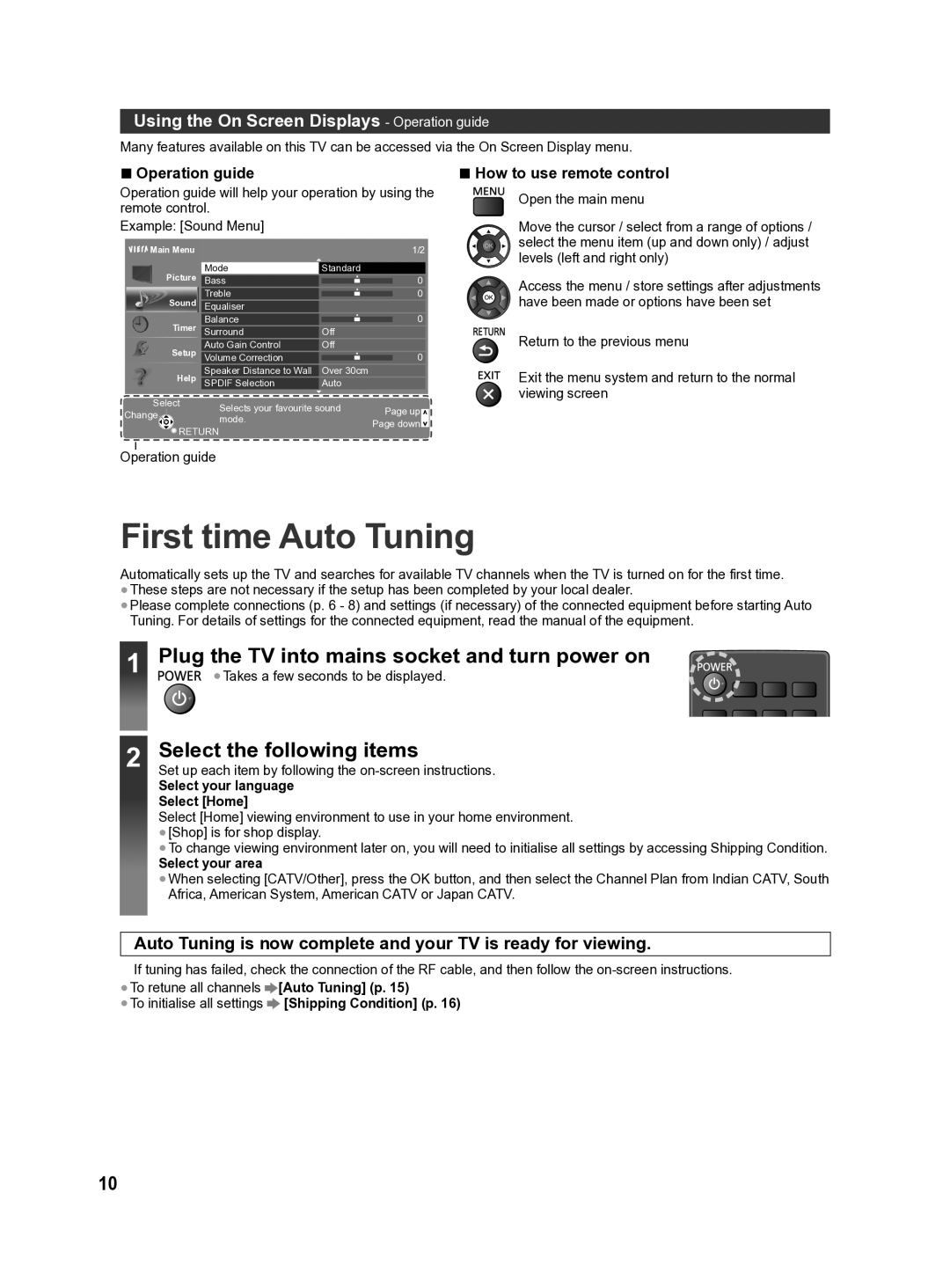 Panasonic X60G series First time Auto Tuning, Using the On Screen Displays Operation guide, How to use remote control 