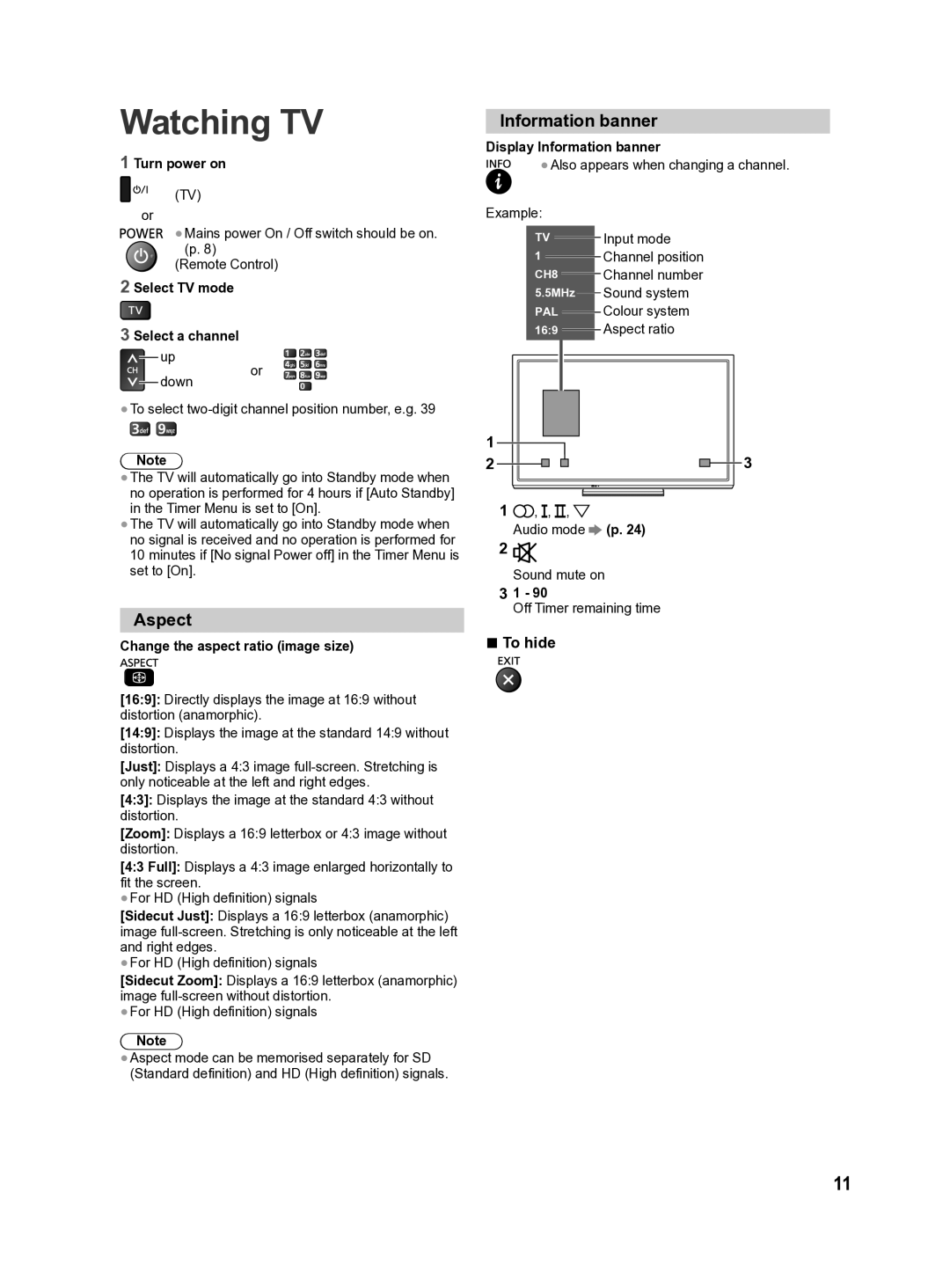 Panasonic X60Pseries, X60Vseries, X60D series, X60M series, X60G series Watching TV, Aspect, Information banner, To hide 