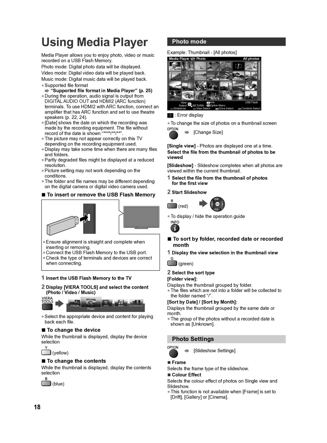 Panasonic X60Vseries, X60D series, X60M series, X60T series. X60K series Using Media Player, Photo mode, Photo Settings 