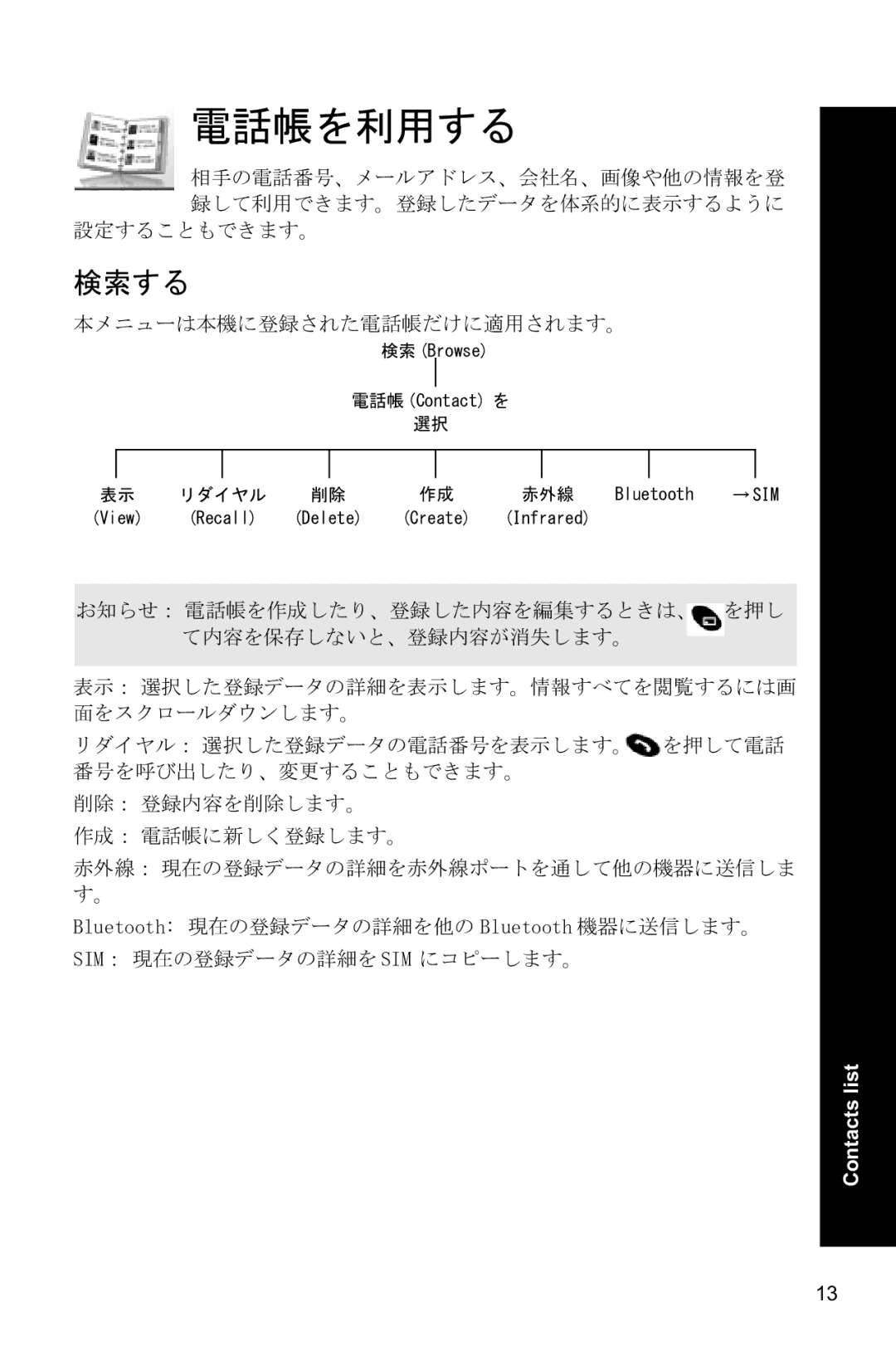 Panasonic X88 operating instructions Contacts list 