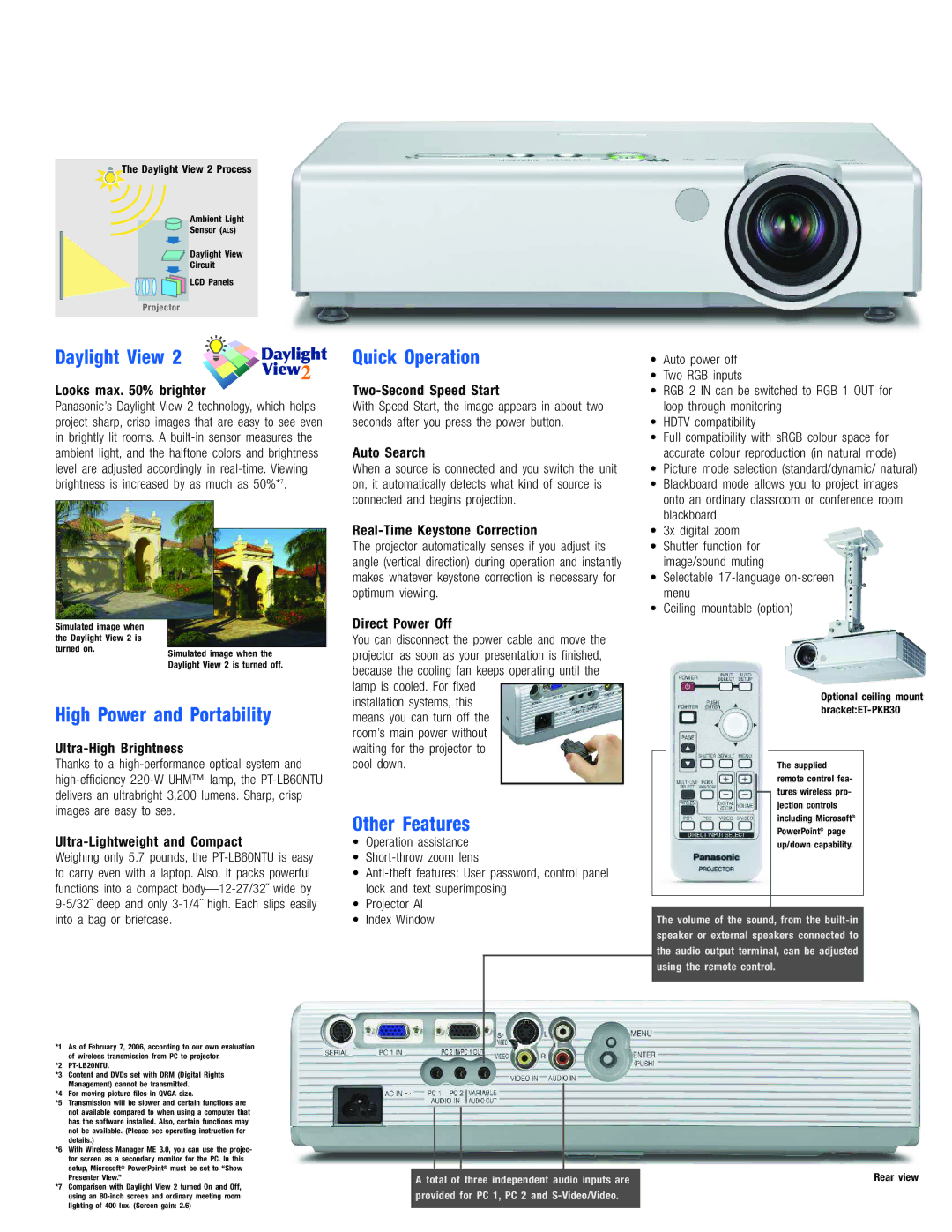 Panasonic PT-LB60NTU, XGA3200 manual Daylight View, High Power and Portability, Quick Operation, Other Features 