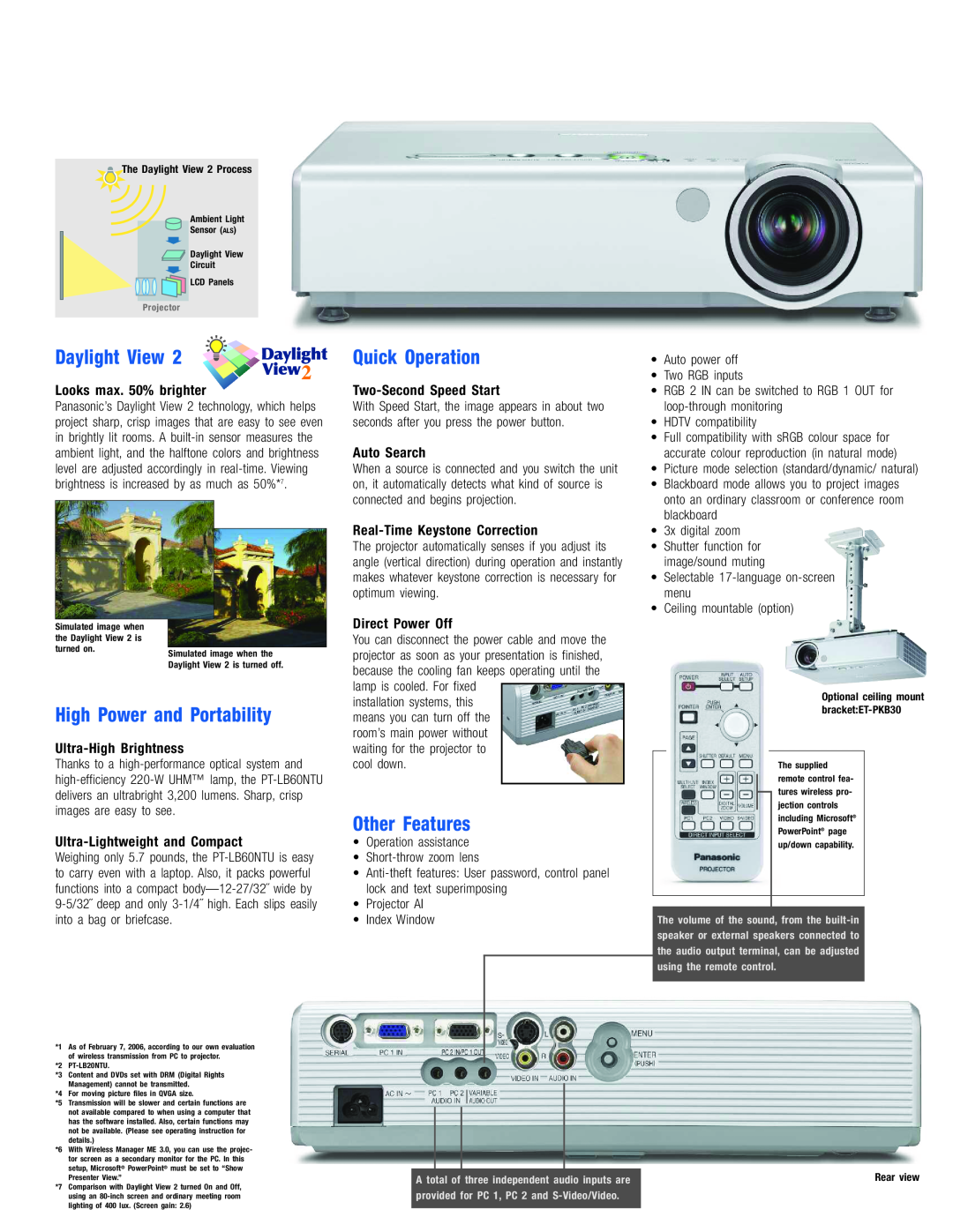 Panasonic PT-LB60NTU Daylight View, High Power and Portability, Quick Operation, Other Features, Looks max. 50% brighter 