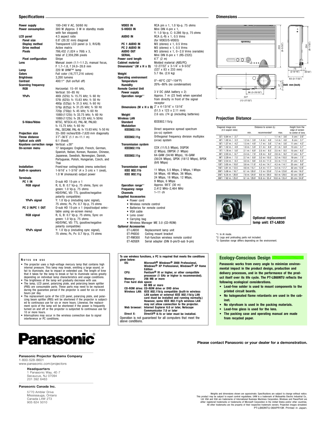 Panasonic XGA3200, PT-LB60NTU manual Specifications, Dimensions, Ecology-Conscious Design 