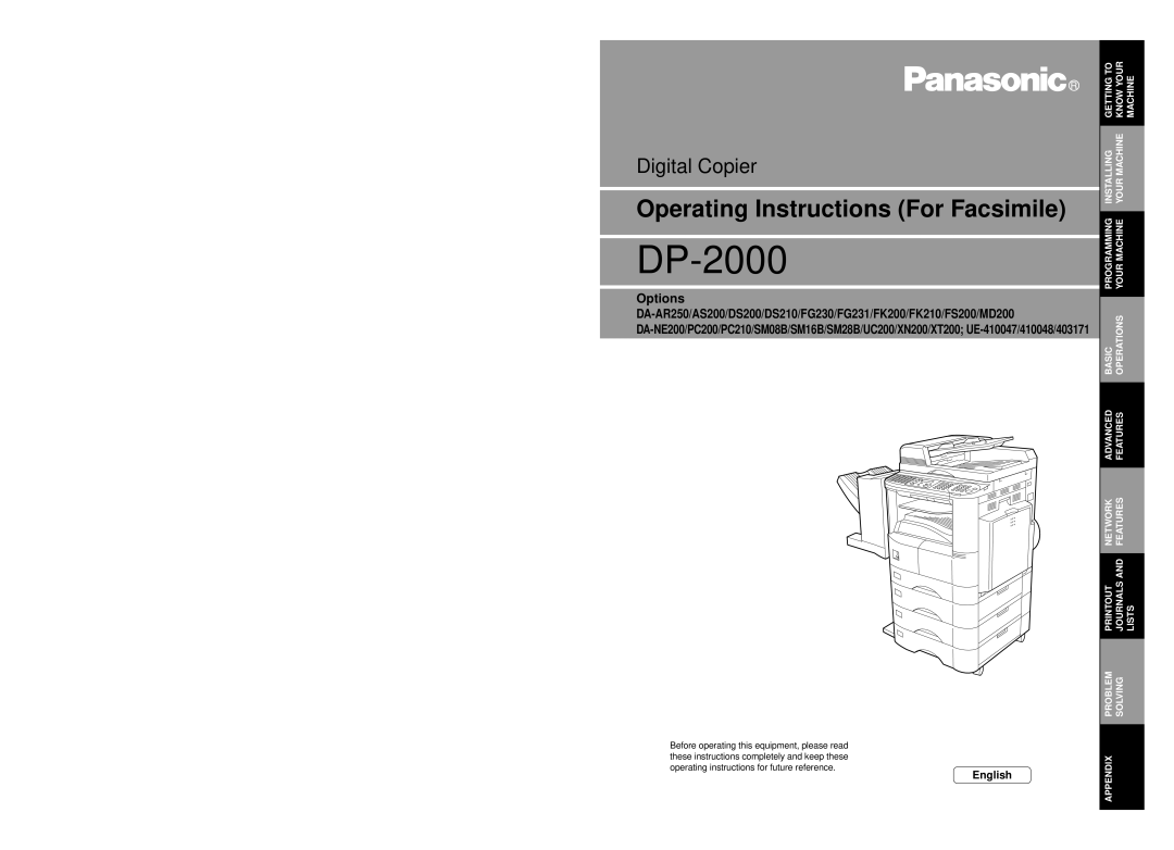 Panasonic UC200, XN200, SM16B, SM08B, PC200, PC210, MD200, SM28B, DP2000, FS200, FG230, FK210, DS210, DS200 appendix Options, English 