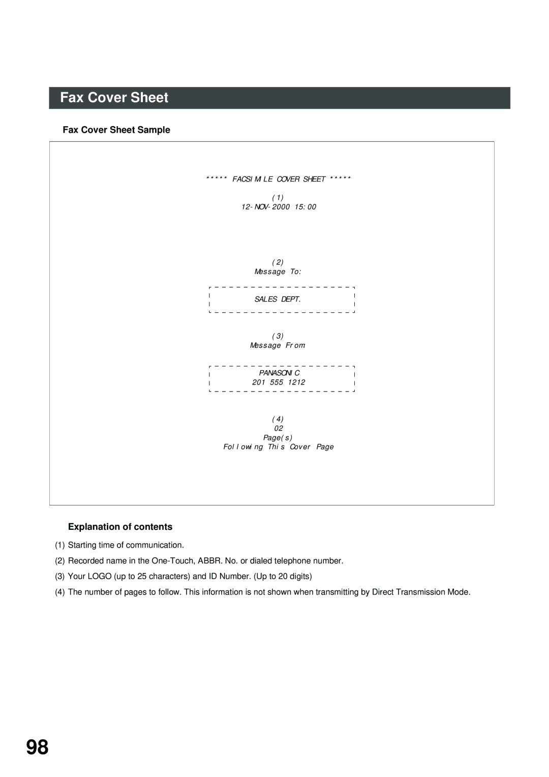 Panasonic DA-AR250, XN200, UC200, SM16B, SM08B, PC200, PC210, MD200, SM28B, DP2000 Fax Cover Sheet Sample, Explanation of contents 