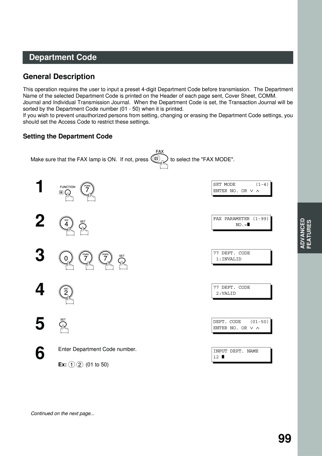 Panasonic 403171, XN200, UC200, SM16B, SM08B, PC200, PC210, MD200, SM28B General Description, Setting the Department Code 