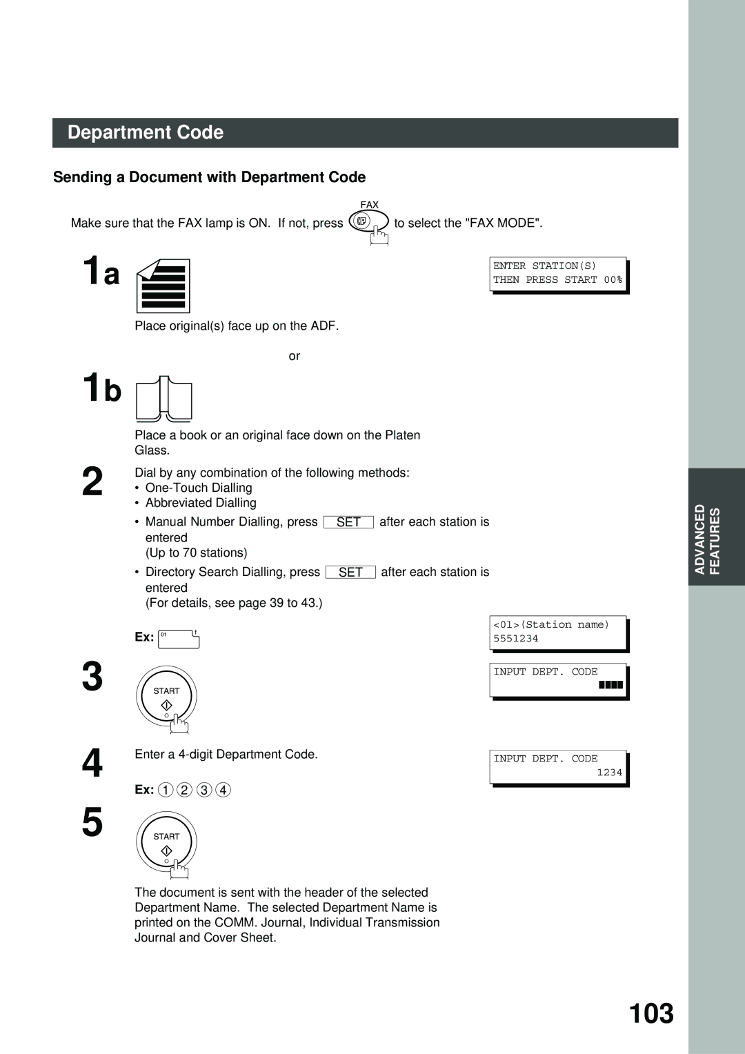 Panasonic XN200, UC200, SM16B, SM08B, PC200, PC210, MD200, SM28B, DP2000, FS200, FG230 103, Sending a Document with Department Code 