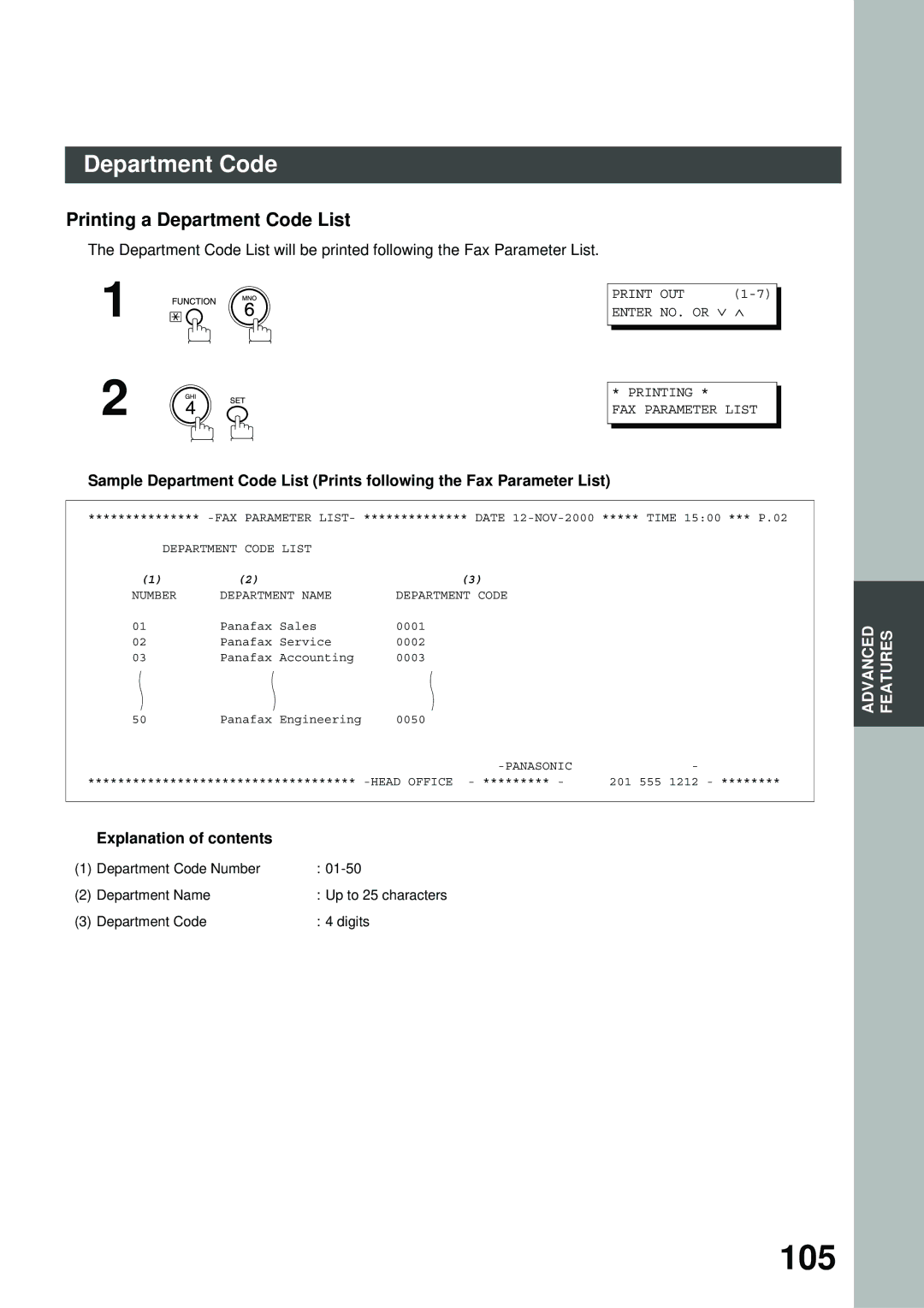 Panasonic SM16B, XN200, UC200, SM08B, PC200, PC210, MD200, SM28B, DP2000, FS200, FG230, FK210 105, Printing a Department Code List 