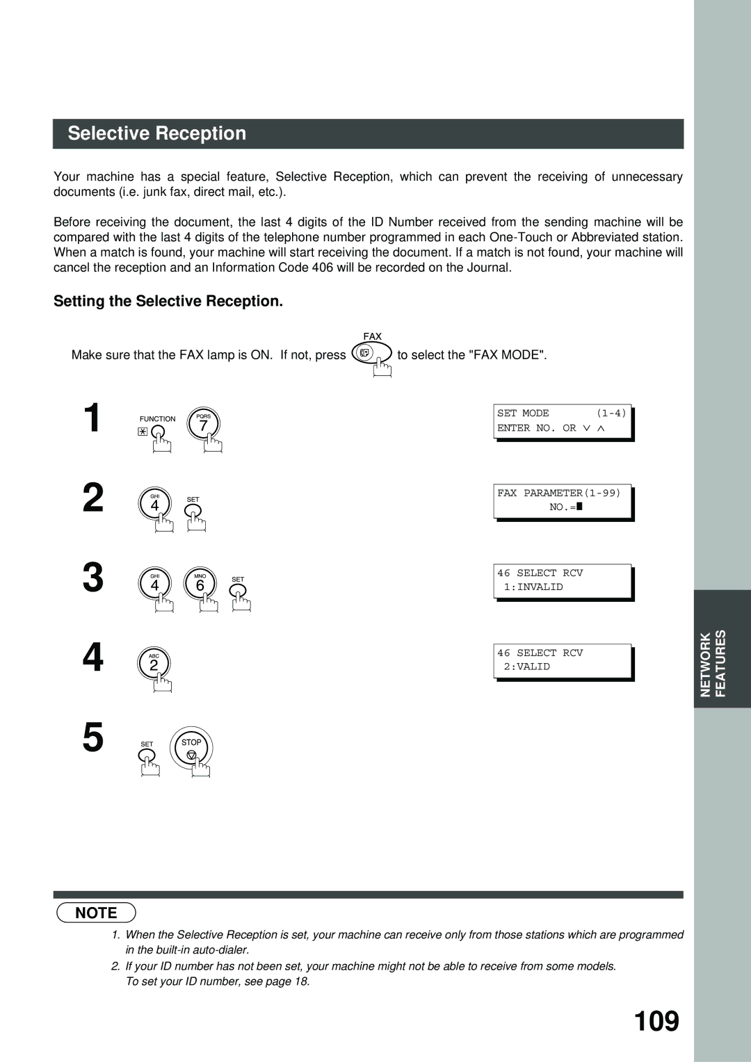 Panasonic MD200, XN200, UC200, SM16B, SM08B, PC200, PC210, SM28B, DP2000, FS200, FG230 109, Setting the Selective Reception 