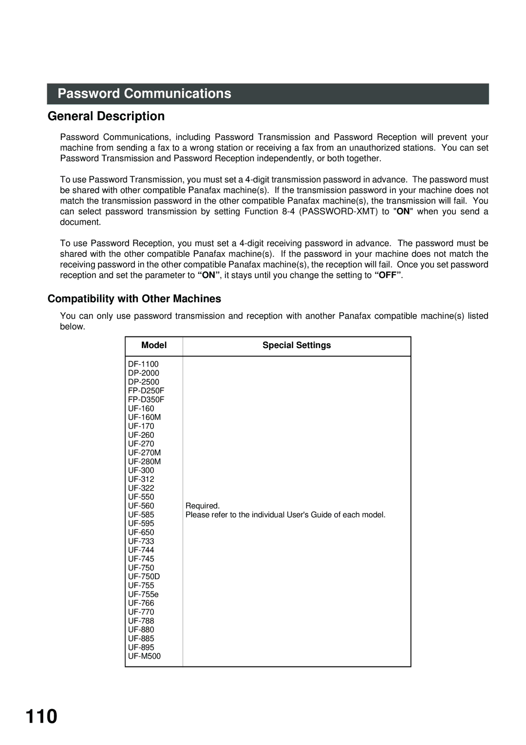 Panasonic SM28B, XN200, UC200, SM16B 110, Password Communications, Compatibility with Other Machines, Model Special Settings 