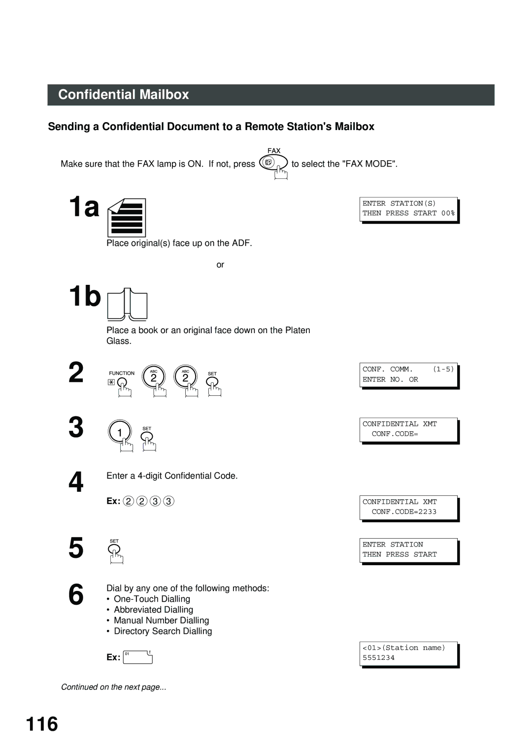 Panasonic DS200, XN200, UC200, SM16B, SM08B, PC200, PC210 116, Sending a Confidential Document to a Remote Stations Mailbox 