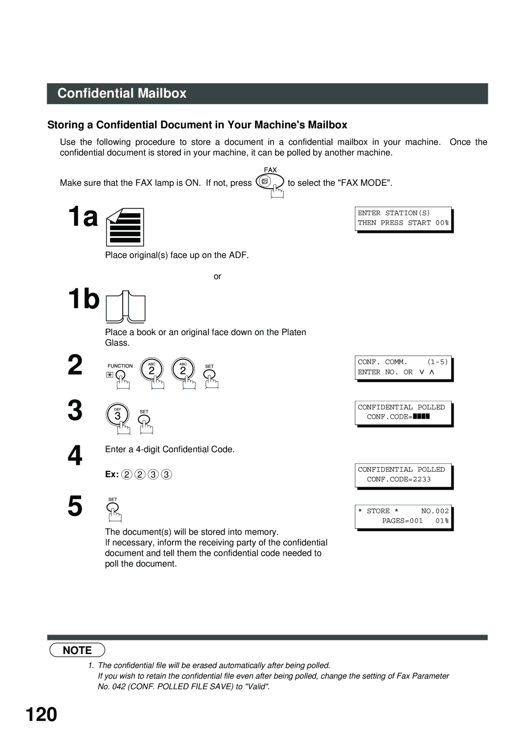 Panasonic 403171, XN200, UC200, SM16B, SM08B, PC200, PC210, MD200 120, Storing a Confidential Document in Your Machines Mailbox 