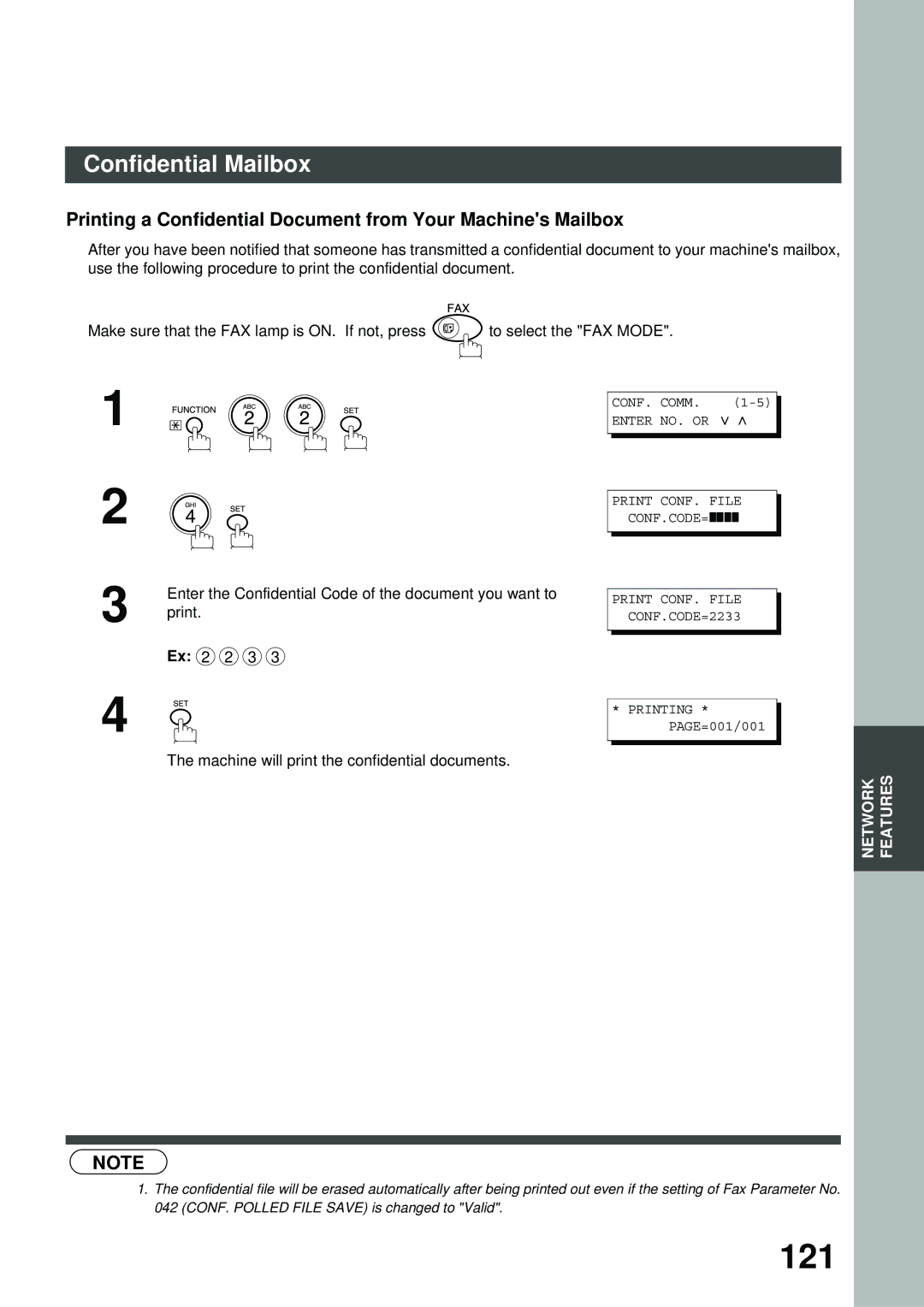 Panasonic DA-NE200, XN200, UC200, SM16B, SM08B, PC200, PC210 121, Printing a Confidential Document from Your Machines Mailbox 