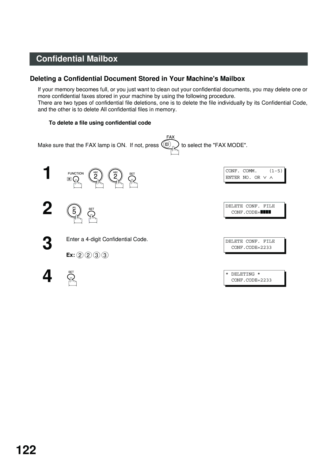 Panasonic FG231, XN200, UC200, SM16B, SM08B, PC200, PC210, MD200, SM28B, DP2000 122, To delete a file using confidential code 