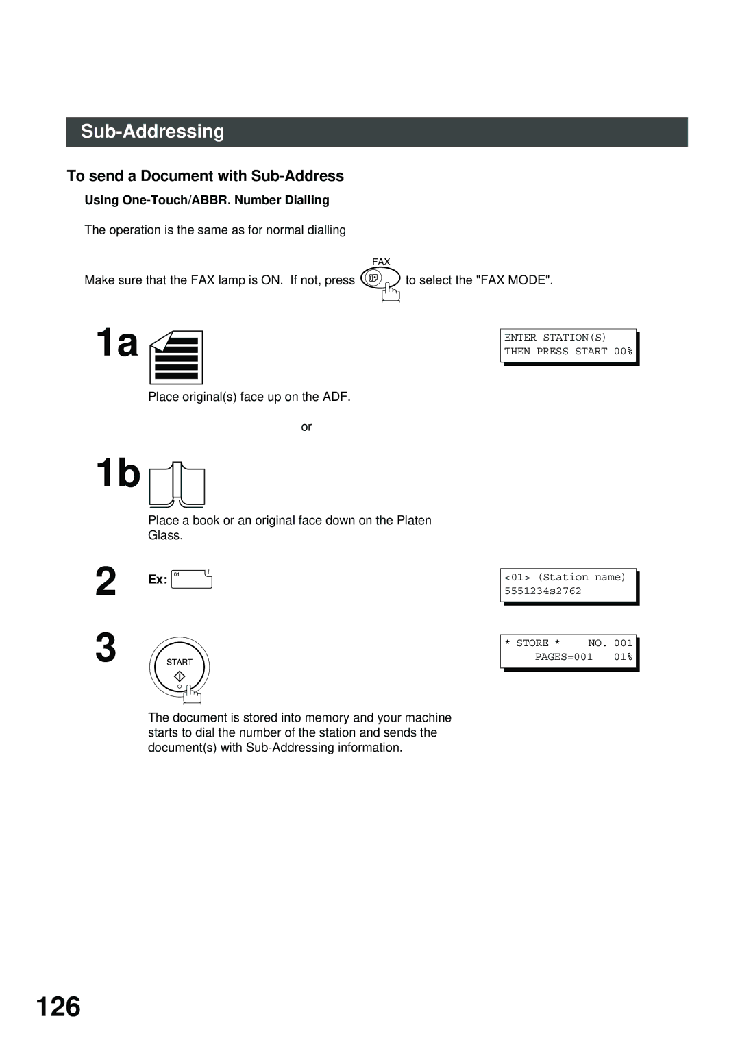 Panasonic SM16B, XN200, UC200, SM08B, PC200 126, To send a Document with Sub-Address, Using One-Touch/ABBR. Number Dialling 