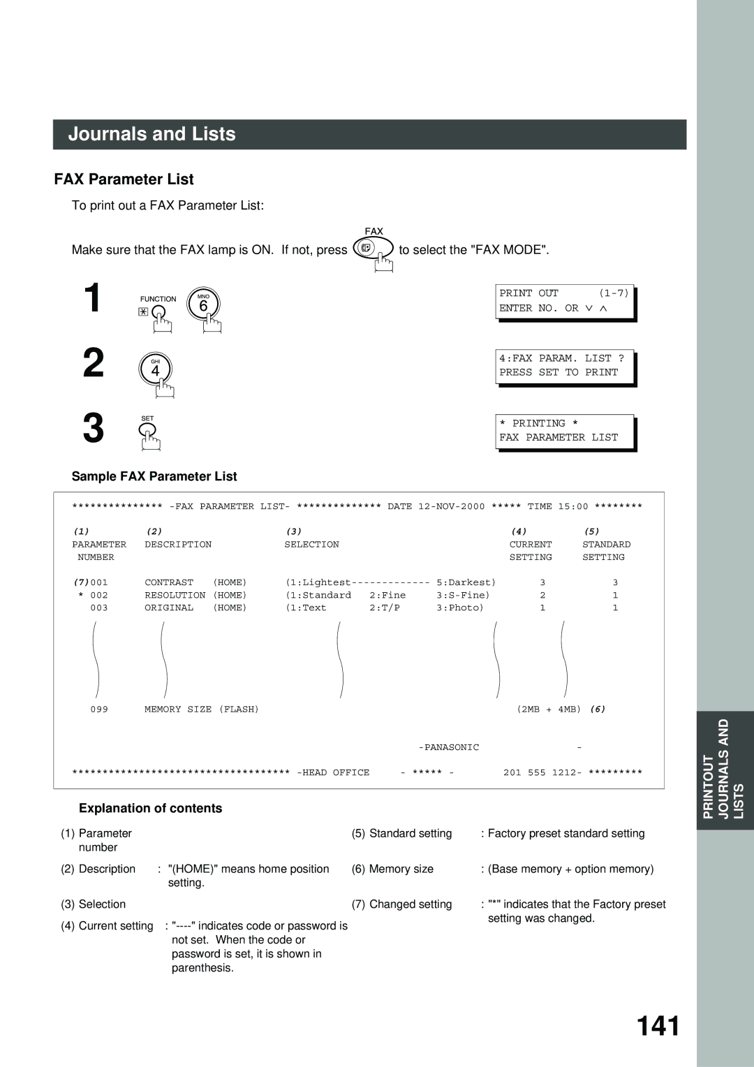 Panasonic 403171, XN200, UC200, SM16B, SM08B, PC200, PC210, MD200, SM28B, DP2000, FS200, FG230 141, Sample FAX Parameter List 