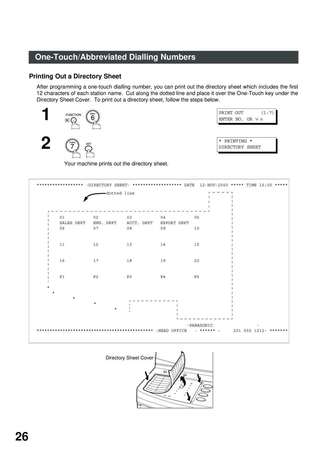 Panasonic SM28B, XN200, UC200, SM16B, SM08B, PC200 Printing Out a Directory Sheet, Your machine prints out the directory sheet 