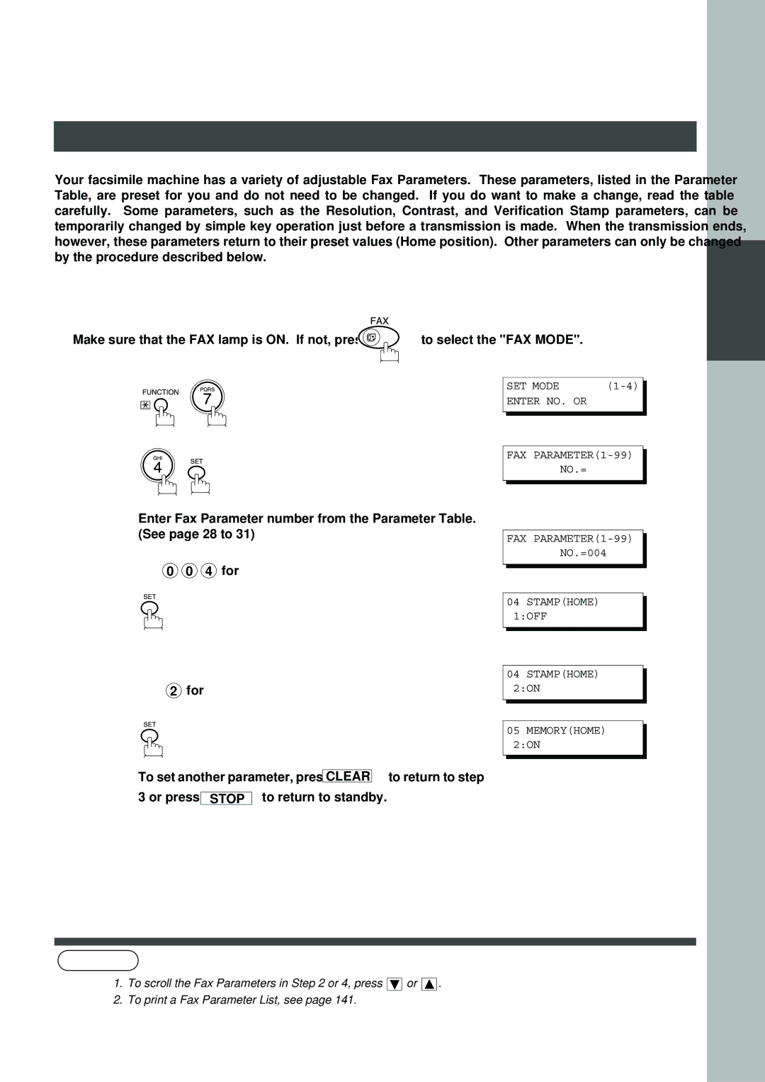 Panasonic DP2000, XN200, UC200, SM16B, SM08B, PC200, PC210 Customizing Your Machine, Setting the Fax Parameters, Ex 2 for on 