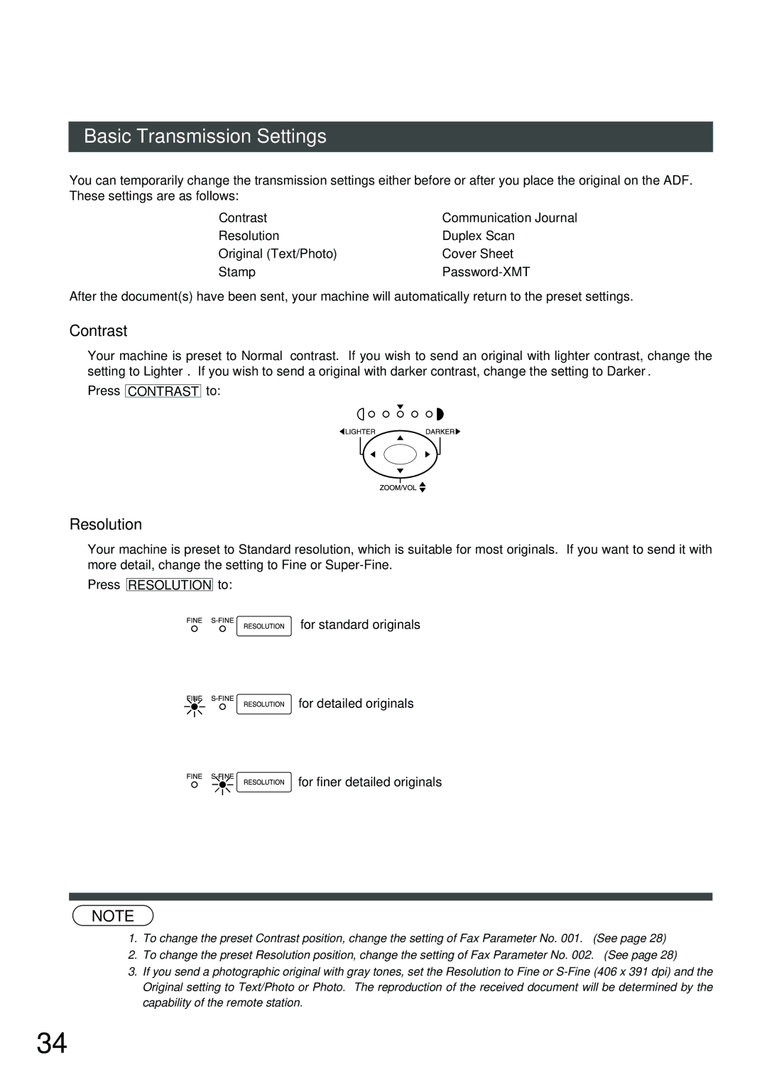 Panasonic AS200, XN200, UC200, SM16B, SM08B, PC200, PC210, MD200, SM28B, DP2000 Basic Transmission Settings, Contrast, Resolution 