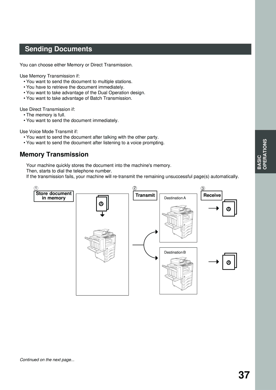 Panasonic DA-NE200, XN200, UC200, SM16B Sending Documents, Memory Transmission, Store document Memory Transmit, Receive 