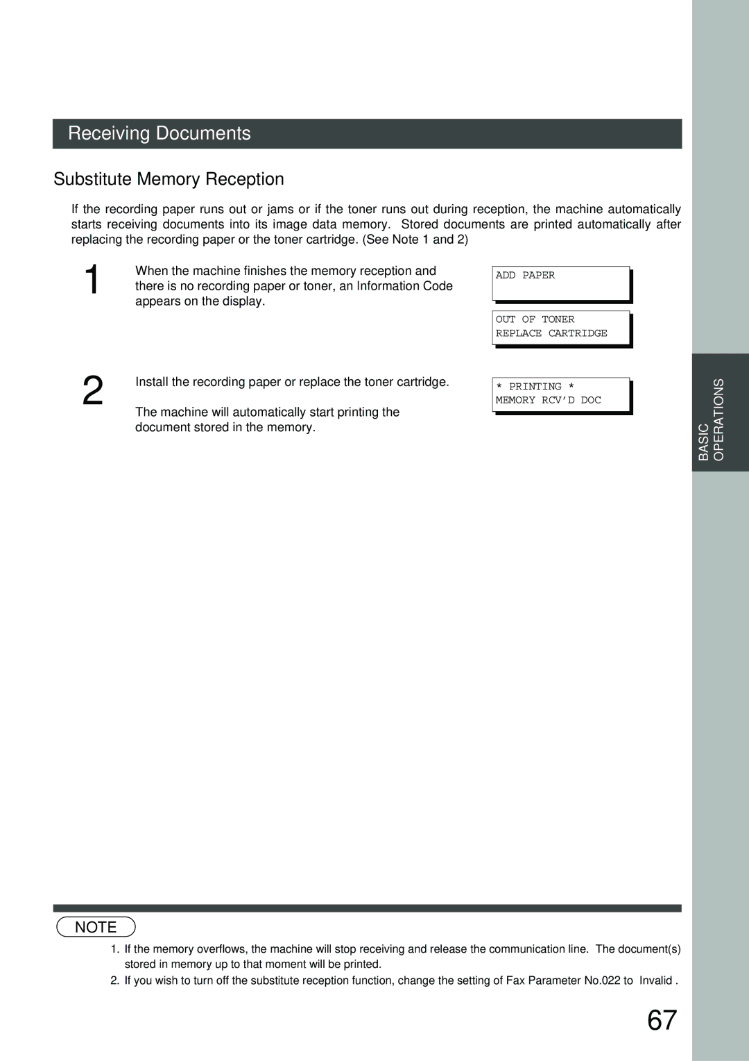 Panasonic MD200, XN200, UC200, SM16B, SM08B, PC200, PC210, SM28B, DP2000, FS200, FG230, FK210, DS210 Substitute Memory Reception 