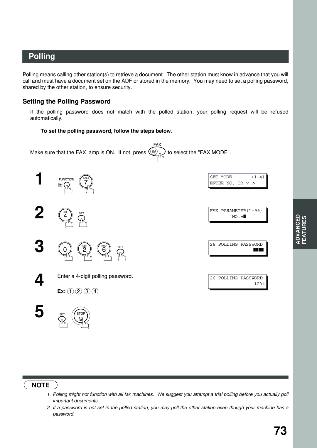 Panasonic DS210, XN200, UC200, SM16B Setting the Polling Password, To set the polling password, follow the steps below 