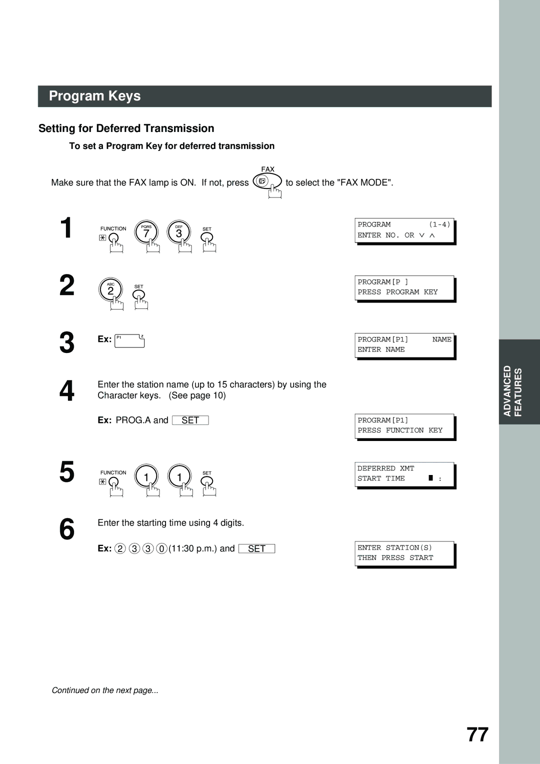 Panasonic DA-AR250, XN200, UC200, SM16B Setting for Deferred Transmission, To set a Program Key for deferred transmission 