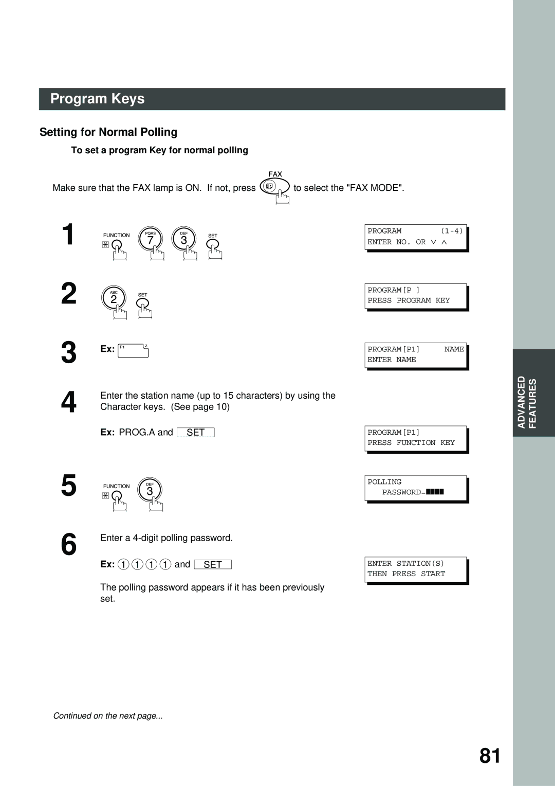 Panasonic 410048, XN200, UC200, SM16B, SM08B, PC200, PC210 Setting for Normal Polling, To set a program Key for normal polling 