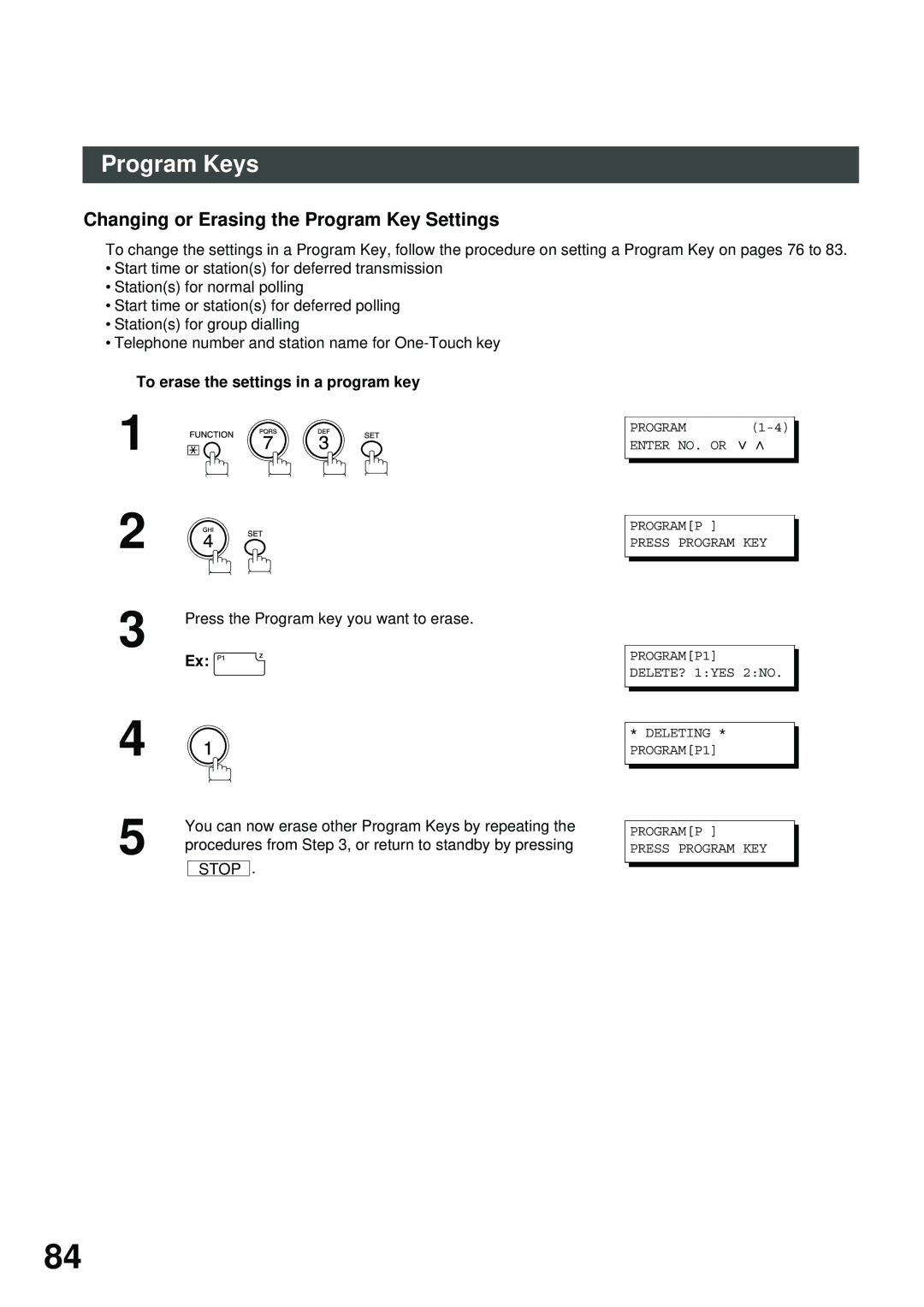 Panasonic SM16B, XN200, UC200, SM08B Changing or Erasing the Program Key Settings, To erase the settings in a program key 