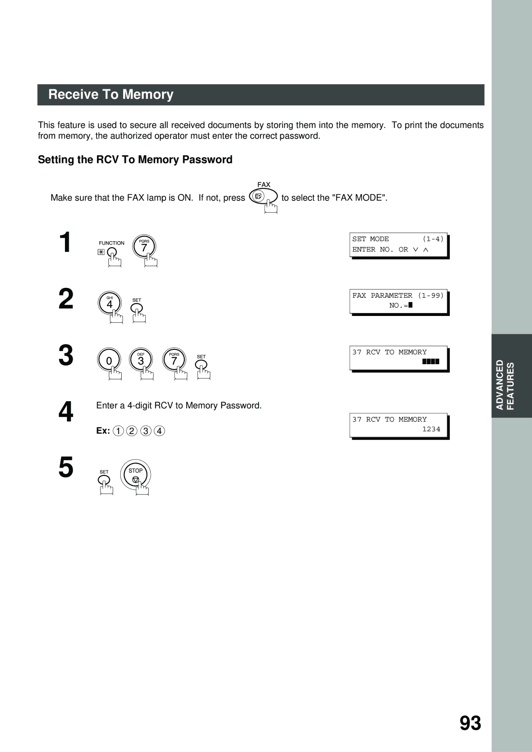 Panasonic FK210, XN200, UC200, SM16B, SM08B, PC200, PC210, MD200, SM28B Receive To Memory, Setting the RCV To Memory Password 