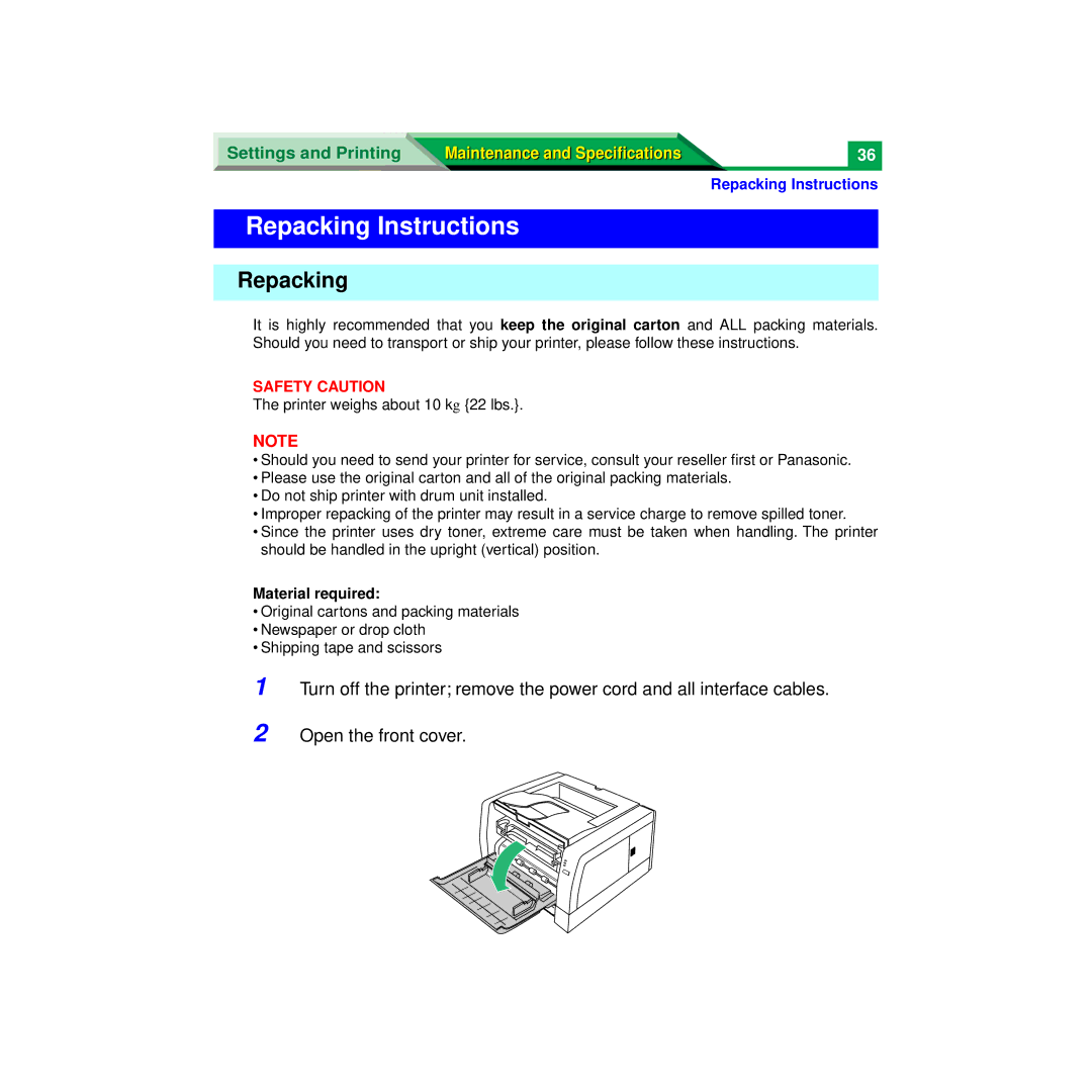 Panasonic XX-XXXX specifications Repacking Instructions, Material required 