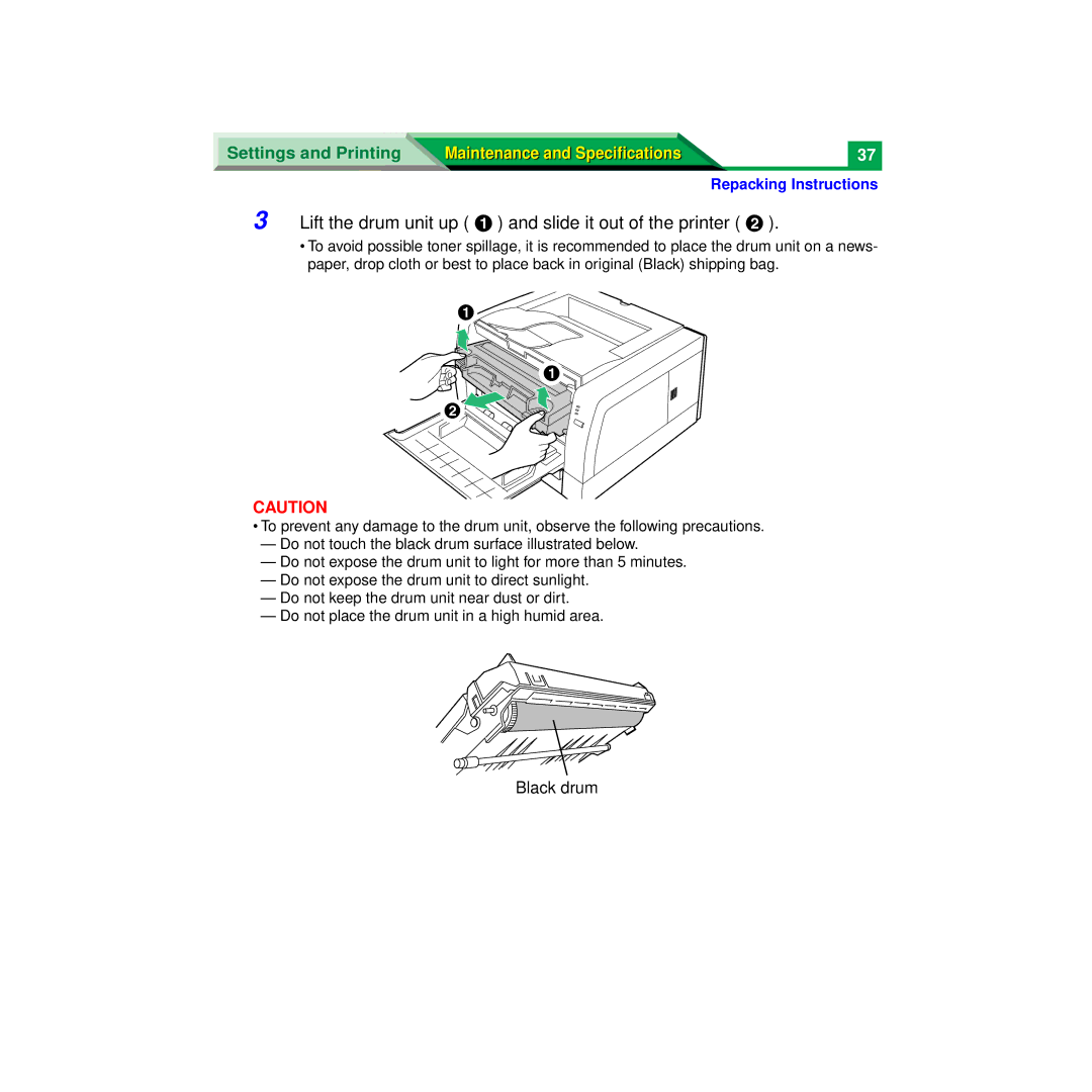 Panasonic XX-XXXX specifications Black drum 